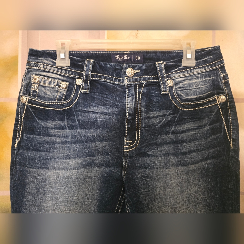 Miss Me Curvy Ankle Skinny Jeans – Size 30 (30x27) | Bling Pockets • Dark Wash - Picture 3 of 9